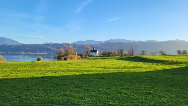 direkt neben der Wirtschaft zum Hof liegt auf einer Landzunge, die frühgotische Kapelle St. Meinrad