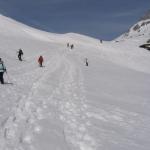 jeder sucht sich sein eigener Pfad. Im Hintergrund Piz Tiarms