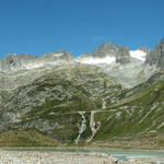 Breitbildfoto vor dem Steingletscher mit Fünffingerstöcke