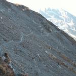 der Weg Richtung Lindauer Hütte. Bei Nässe und Schnee heikel