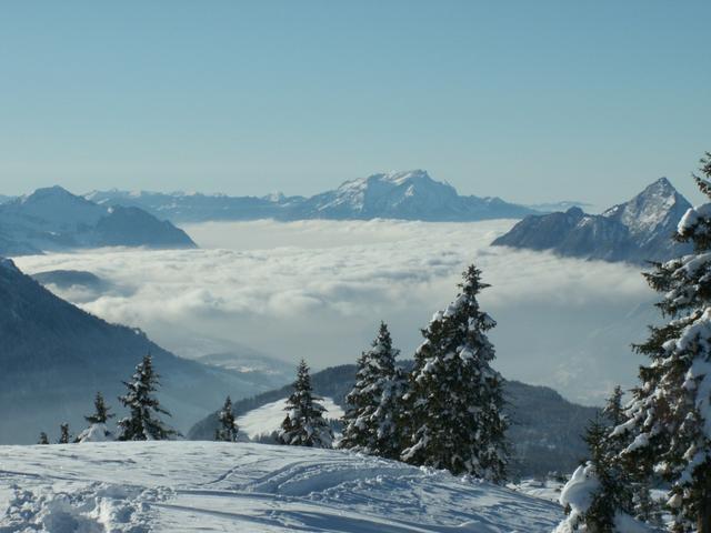 Nebel bedeckt den Vierwaldstättersee, in der mitte der Pilatus