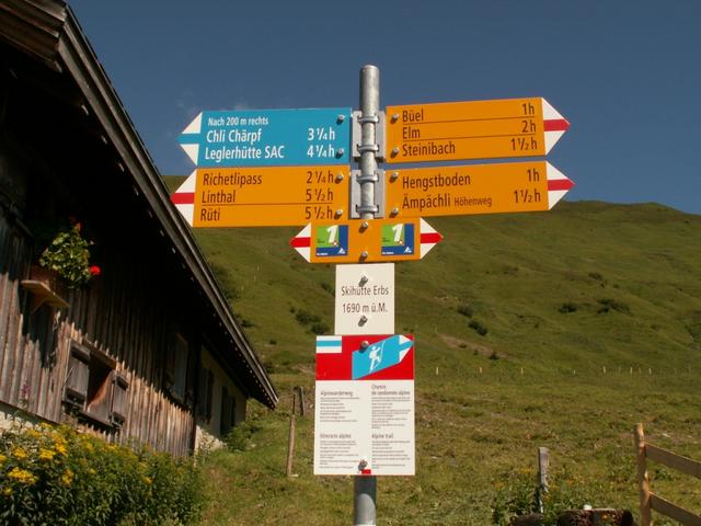 Wegweiser Skihütte Erbs 1690 m.ü.M.