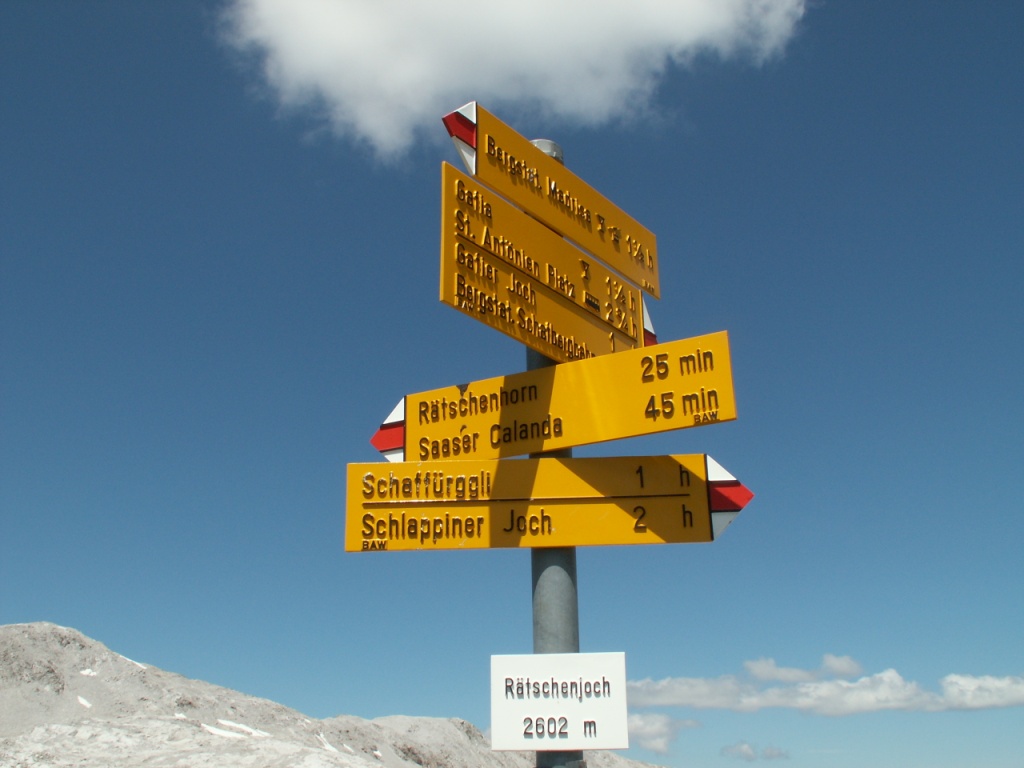 Wegweiser auf dem Rätschenjoch 2602 m.ü.M.