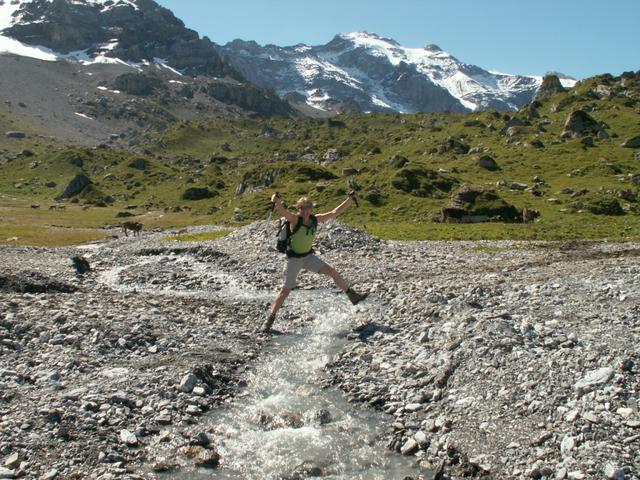 Mäusi springt über ein Gletscherbach