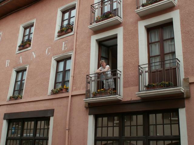 Mäusi schaut aus dem Fenster vom Hotelzimmer