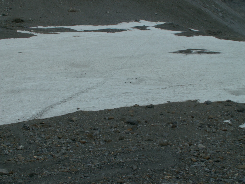 Blick von der Schlüsselstelle, auf das Schneefeld unterhalb der Claridenhütte