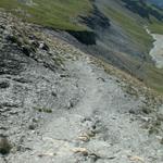 bei Carauns 2012 m.ü.M. geht es über ein rutschiges Teilstück runter in die Alp Mer